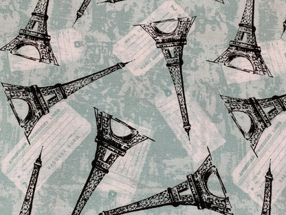 Paris, France--Tossed Eiffel Tower. Mint Green Fabric Sold by the YARD. World Traveler 100% Cotton Fabric for quilting, apparel, home décor