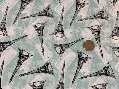 Paris, France--Tossed Eiffel Tower. Mint Green Fabric Sold by the YARD. World Traveler 100% Cotton Fabric for quilting, apparel, home décor