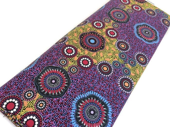 Australian Aboriginal Fabric by the  YARD. Cotton Quilt Fabric with Aboriginal Art Designs. "Meeting Places Black" by M & S Textiles.