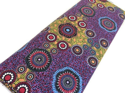 Australian Aboriginal Fabric by the  YARD. Cotton Quilt Fabric with Aboriginal Art Designs. "Meeting Places Black" by M & S Textiles.