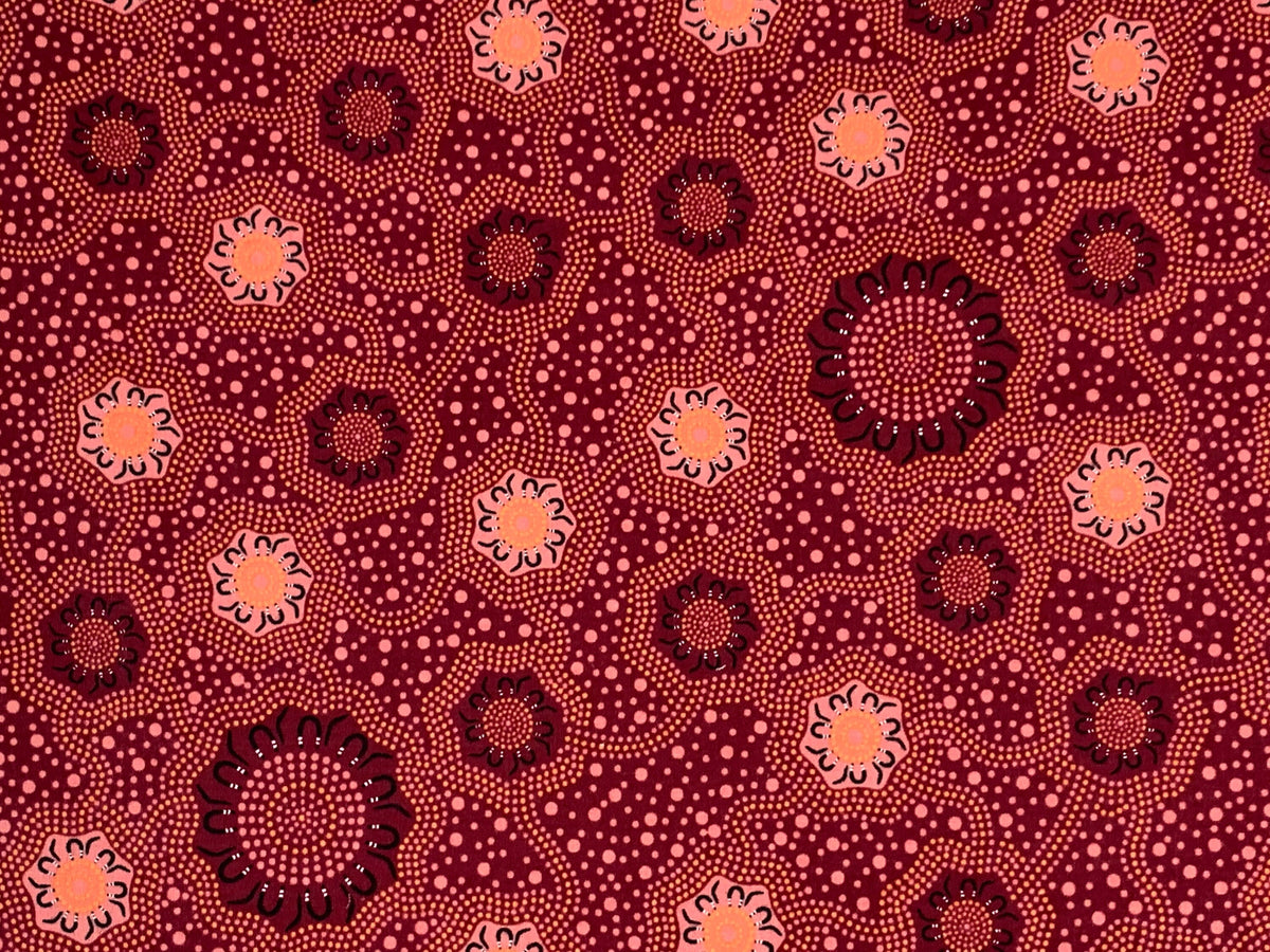 Australian Aboriginal Cotton Quilting Fabric by the YARD. M&S Textiles "Caming Ground Burgundy". For sewing, quilting, apparel, home décor.