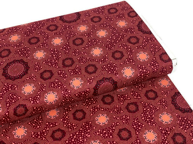 Australian Aboriginal Cotton Quilting Fabric by the YARD. M&S Textiles "Caming Ground Burgundy". For sewing, quilting, apparel, home décor.