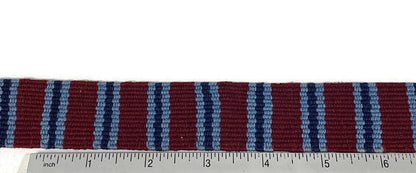 Hand Woven 1.25 Inch Wide Guatemalan Belt, Purse Strap, Sash by the YARD. 100% Cotton Mayan Toto Belt Textile in Maroon and Blue Stripes.