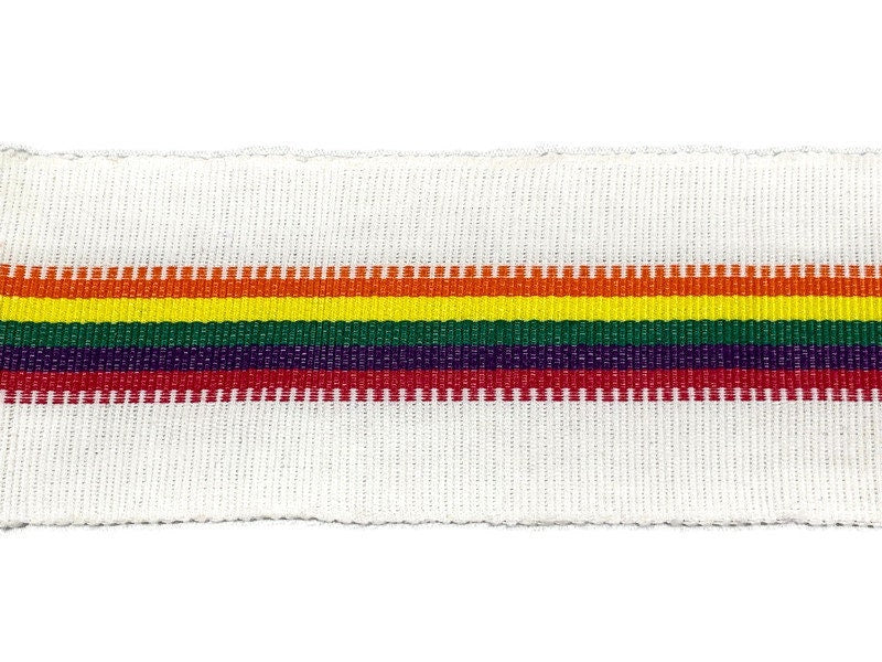 Guatemalan Mayan Handwoven Fabric for Sash, Belt, Strap, Decorative Trim with Fringe. Natural White & Pride Rainbow Stripe 3 inch x 64 inch.