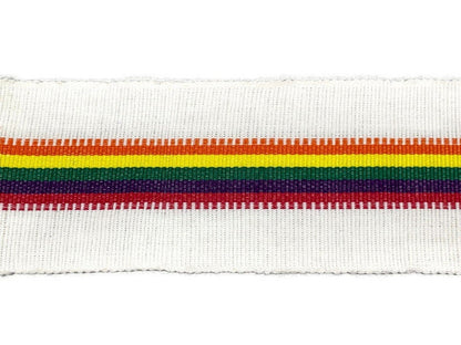 Guatemalan Mayan Handwoven Fabric for Sash, Belt, Strap, Decorative Trim with Fringe. Natural White & Pride Rainbow Stripe 3 inch x 64 inch.