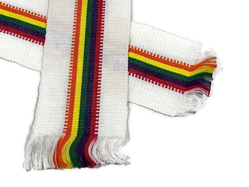 Guatemalan Mayan Handwoven Fabric for Sash, Belt, Strap, Decorative Trim with Fringe. Natural White & Pride Rainbow Stripe 3 inch x 64 inch.