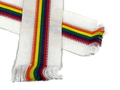 Guatemalan Mayan Handwoven Fabric for Sash, Belt, Strap, Decorative Trim with Fringe. Natural White & Pride Rainbow Stripe 3 inch x 64 inch.