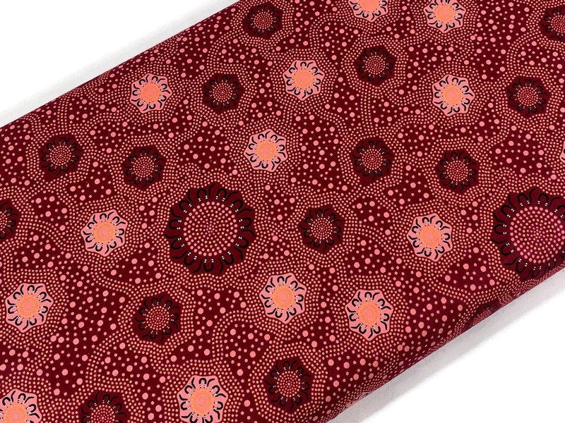 Australian Aboriginal Cotton Quilting Fabric by the YARD. M&S Textiles "Caming Ground Burgundy". For sewing, quilting, apparel, home décor.