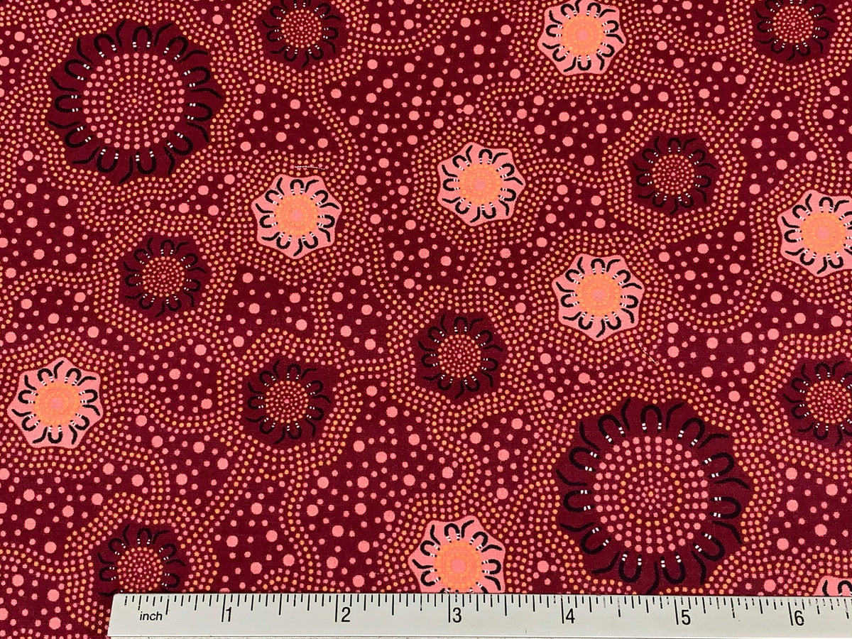 Australian Aboriginal Cotton Quilting Fabric by the YARD. M&S Textiles "Caming Ground Burgundy". For sewing, quilting, apparel, home décor.