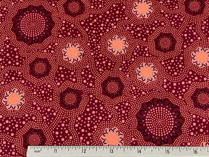 Australian Aboriginal Cotton Quilting Fabric by the YARD. M&S Textiles "Caming Ground Burgundy". For sewing, quilting, apparel, home décor.