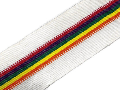 Guatemalan Mayan Handwoven Fabric for Sash, Belt, Strap, Decorative Trim with Fringe. Natural White & Pride Rainbow Stripe 3 inch x 64 inch.