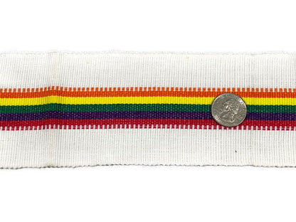 Guatemalan Mayan Handwoven Fabric for Sash, Belt, Strap, Decorative Trim with Fringe. Natural White & Pride Rainbow Stripe 3 inch x 64 inch.
