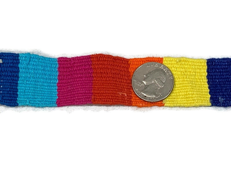 Guatemalan Hand Woven Belt--Rainbow with Crosses & Braided Tassel Ends. 1 Inch Wide x 48 Inch Long Cotton Mayan Toto Sash, Strap Textile.