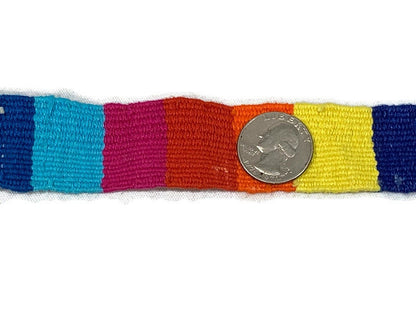 Guatemalan Hand Woven Belt--Rainbow with Crosses & Braided Tassel Ends. 1 Inch Wide x 48 Inch Long Cotton Mayan Toto Sash, Strap Textile.