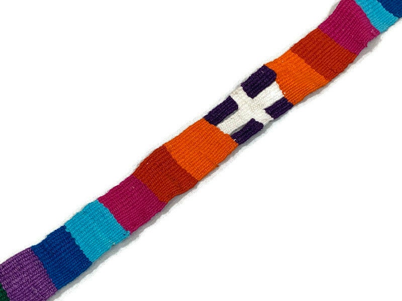 Guatemalan Hand Woven Belt--Rainbow with Crosses & Braided Tassel Ends. 1 Inch Wide x 48 Inch Long Cotton Mayan Toto Sash, Strap Textile.