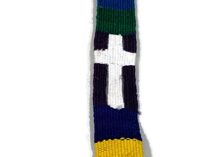 Guatemalan Hand Woven Belt--Rainbow with Crosses & Braided Tassel Ends. 1 Inch Wide x 48 Inch Long Cotton Mayan Toto Sash, Strap Textile.