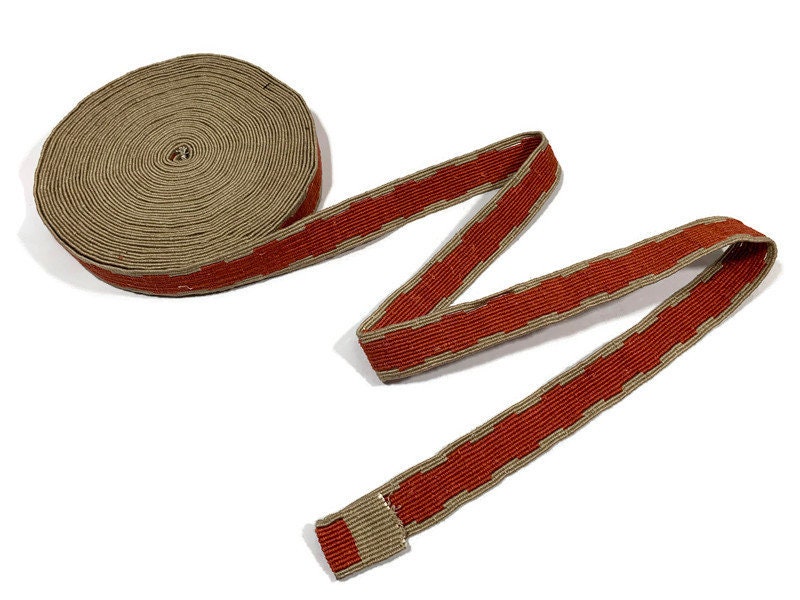 Hand Woven 1.50 Inch Wide Guatemalan Belt, Purse Strap, Sash Sold by the YARD. Cotton Mayan Toto Belt Textile in Rust & Tan Geometric Center