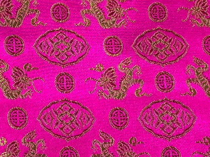Chinese Brocade Embroidered Fabric by the YARD. Asian Satin Woven Fabric for Home Décor, Clothing, Craft. Pink/Gold Dragons & Medallions.