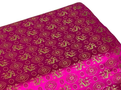 Chinese Brocade Embroidered Fabric by the YARD. Asian Satin Woven Fabric for Home Décor, Clothing, Craft. Pink/Gold Dragons & Medallions.