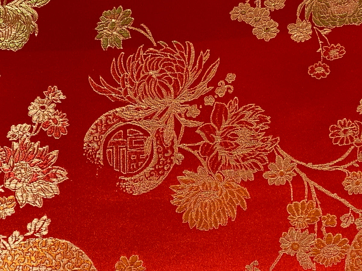 Chinese Brocade Embroidered Fabric by the YARD. Asian Style Satin Woven Fabric for Home Décor, Clothing, Craft. Red & Gold Floral Medallion