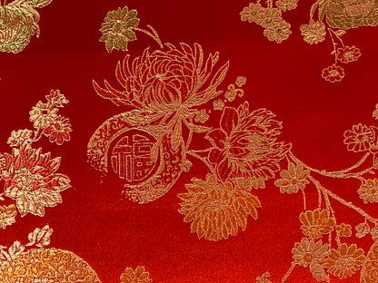 Chinese Brocade Embroidered Fabric by the YARD. Asian Style Satin Woven Fabric for Home Décor, Clothing, Craft. Red & Gold Floral Medallion