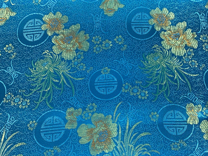 Chinese Brocade Embroidered Fabric by the YARD. Asian Style Satin Woven Fabric for Home Décor, Clothing, Craft. Turquoise Blue & Gold Floral