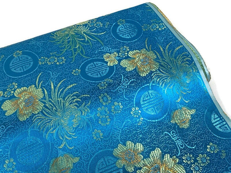 Chinese Brocade Embroidered Fabric by the YARD. Asian Style Satin Woven Fabric for Home Décor, Clothing, Craft. Turquoise Blue & Gold Floral