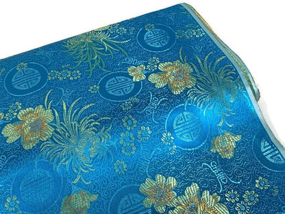 Chinese Brocade Embroidered Fabric by the YARD. Asian Style Satin Woven Fabric for Home Décor, Clothing, Craft. Turquoise Blue & Gold Floral