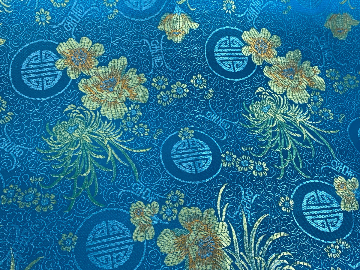 Chinese Brocade Embroidered Fabric by the YARD. Asian Style Satin Woven Fabric for Home Décor, Clothing, Craft. Turquoise Blue & Gold Floral