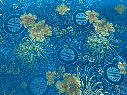 Chinese Brocade Embroidered Fabric by the YARD. Asian Style Satin Woven Fabric for Home Décor, Clothing, Craft. Turquoise Blue & Gold Floral