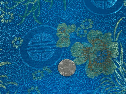 Chinese Brocade Embroidered Fabric by the YARD. Asian Style Satin Woven Fabric for Home Décor, Clothing, Craft. Turquoise Blue & Gold Floral