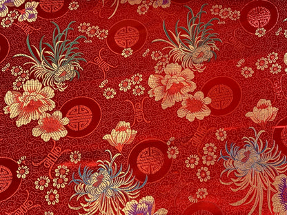 Chinese Brocade Embroidered Fabric by the YARD. Asian Style Satin Woven Fabric for Home Décor, Clothing, Craft. Red/Gold Floral & Medallions