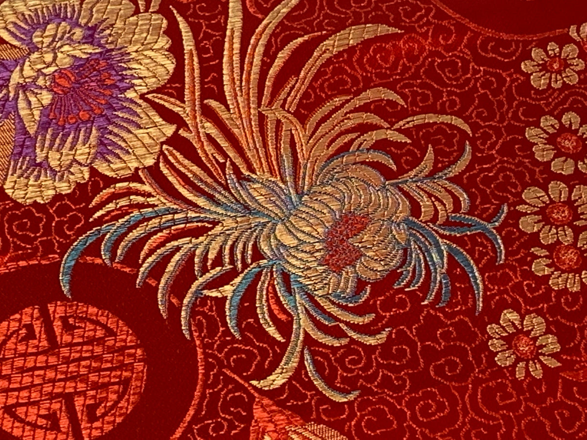 Chinese Brocade Embroidered Fabric by the YARD. Asian Style Satin Woven Fabric for Home Décor, Clothing, Craft. Red/Gold Floral & Medallions