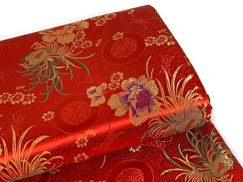 Chinese Brocade Embroidered Fabric by the YARD. Asian Style Satin Woven Fabric for Home Décor, Clothing, Craft. Red/Gold Floral & Medallions