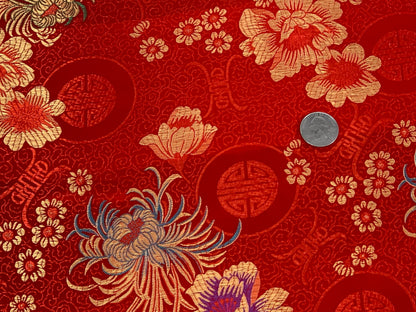 Chinese Brocade Embroidered Fabric by the YARD. Asian Style Satin Woven Fabric for Home Décor, Clothing, Craft. Red/Gold Floral & Medallions