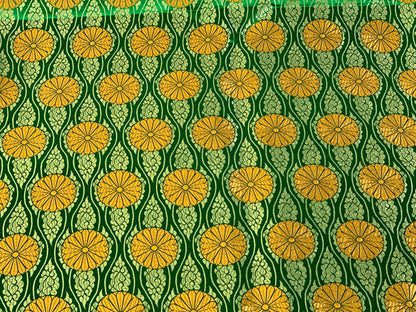 Chinese Brocade Embroidered Fabric by the YARD. Asian Satin Woven Fabric for Home Décor, Clothing, Craft. Emerald Green/Gold Floral Stripes