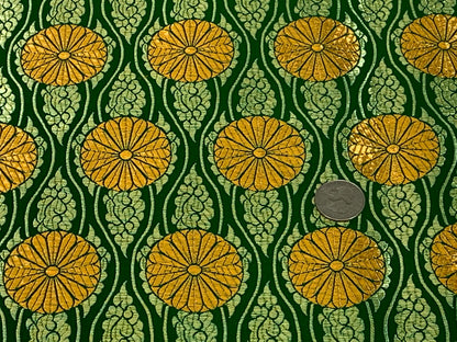 Chinese Brocade Embroidered Fabric by the YARD. Asian Satin Woven Fabric for Home Décor, Clothing, Craft. Emerald Green/Gold Floral Stripes