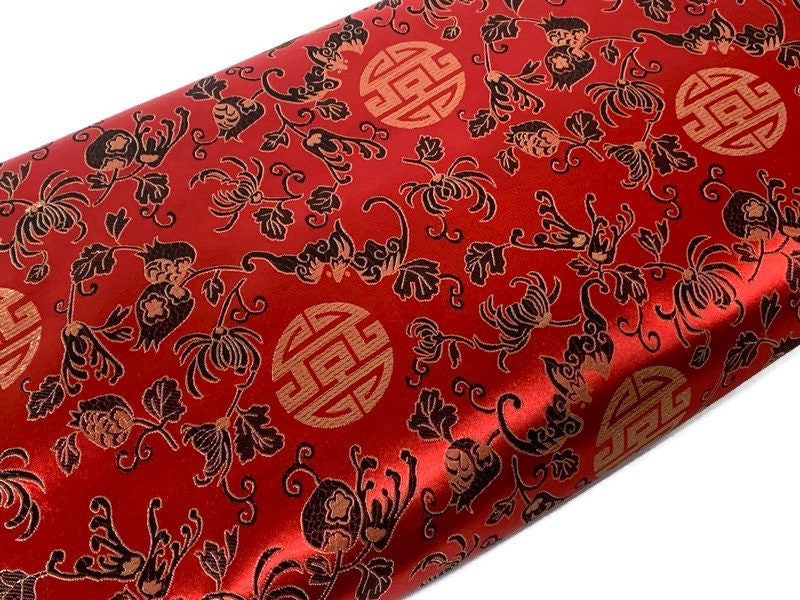 Chinese Brocade Embroidered Fabric by the YARD. Asian Style Satin Woven Fabric for Home Décor, Clothing, Craft. Red, Black, Gold Floral