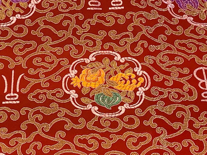 Chinese Brocade Embroidered Fabric by the YARD. Asian Style Satin Woven Fabric for Home Décor, Clothing, Craft. Red, Gold Scroll & Symbols