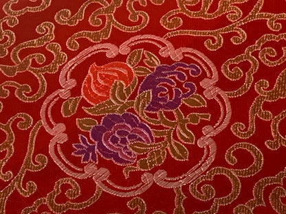 Chinese Brocade Embroidered Fabric by the YARD. Asian Style Satin Woven Fabric for Home Décor, Clothing, Craft. Red, Gold Scroll & Symbols