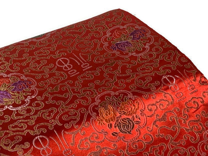 Chinese Brocade Embroidered Fabric by the YARD. Asian Style Satin Woven Fabric for Home Décor, Clothing, Craft. Red, Gold Scroll & Symbols