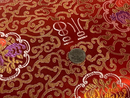 Chinese Brocade Embroidered Fabric by the YARD. Asian Style Satin Woven Fabric for Home Décor, Clothing, Craft. Red, Gold Scroll & Symbols