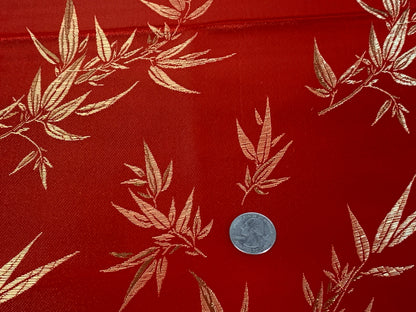 Chinese Brocade Embroidered Fabric by the YARD. Asian Style Satin Woven Fabric for Home Décor, Clothing, Craft. Red and Gold Bamboo Leaves