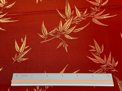 Chinese Brocade Embroidered Fabric by the YARD. Asian Style Satin Woven Fabric for Home Décor, Clothing, Craft. Red and Gold Bamboo Leaves