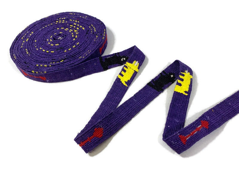 Hand Woven 1" Wide Guatemalan Belt, Purse Strap, Sash by the YARD. 100% Cotton Mayan Toto Belt Textile in Purple/Yellow/Black Cats & Arrows