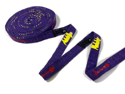 Hand Woven 1" Wide Guatemalan Belt, Purse Strap, Sash by the YARD. 100% Cotton Mayan Toto Belt Textile in Purple/Yellow/Black Cats & Arrows