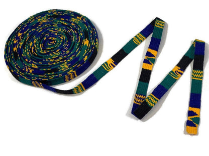Hand Woven 1/2" Wide Guatemalan Belt, Purse Strap, Sash Sold by the YARD. Cotton Mayan Toto Belt Textile in Blue/Green/Gold/Black Stripes