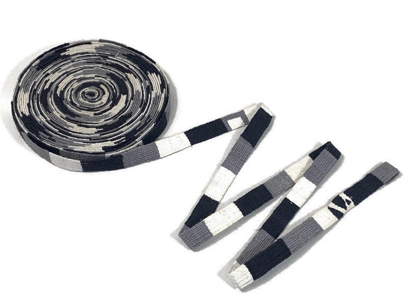 Hand Woven 3/4 Inch Wide Guatemalan Belt, Purse Strap, Sash Sold by the YARD. Cotton Mayan Toto Belt Textile in Black/White/Gray Stripes
