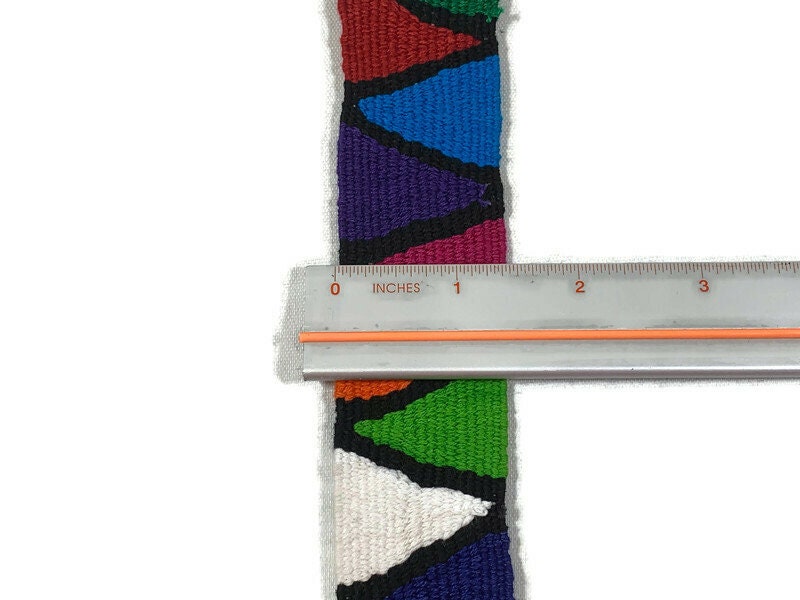 Hand Woven 1.5 Inch Wide Guatemalan Belt, Purse Strap, Sash by the YARD. 100% Cotton Mayan Toto Belt Textile in Rainbow/Black Triangles