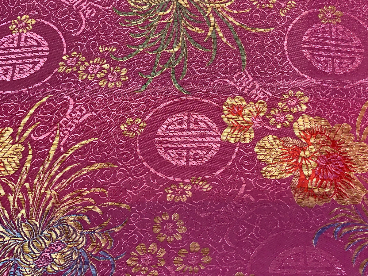 Chinese Brocade Embroidered Fabric by the YARD. Asian Style Satin Woven Fabric for Home Décor, Clothing, Craft. Pink Floral and Medallions.